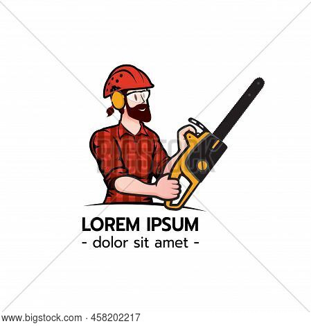 Lumberjack Arborist Tree Surgeon Holding A Chainsaw Starting Motor On Isolated White Background Vect