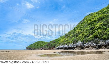 Sandy Beach And Mountain View By The Sea A Beautiful Sky A Tourist Attraction That Is Quite Like A V