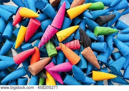 Colourful Incense Cones Lay On The Baskets In The Sun For Natural Drying, Incense Cones Are Made Fro