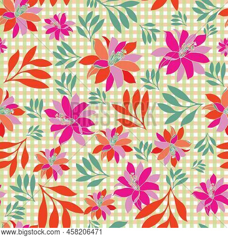 Seamless Abstract Vector Lilies Pattern On Checkered Background