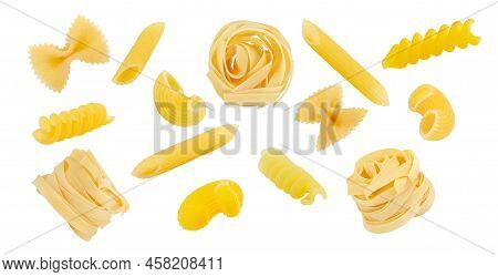 Fusilli Rigatura, Fettuccine Nest, Penne Doppia, Farfalle, Pipe Rigate, Raw Pasta, Set, Close-up, Is