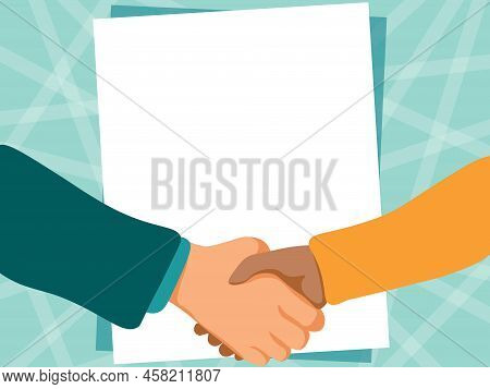 Two Men Drawing With Empty Paper Background Shake Hands Presenting Agreement. Gentelmen Hand Shaking