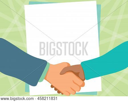 Two Men Drawing With Empty Paper Background Shake Hands Presenting Agreement. Gentelmen Hand Shaking