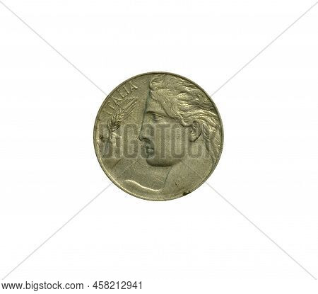 Obverse Of 20 Centesimi Coin Made By Italy In 1914, That Shows Bust Italian Man 