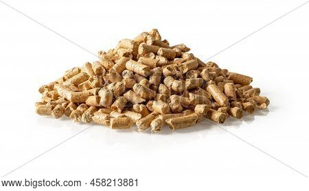 Heap Of Wood Pellets Isolated On A White Background. Pile Of Compacted Sawdust Granules Cutout. Ecol