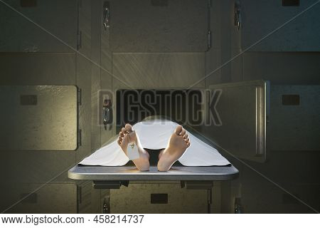 Body Of Dead Man In Open Cell In Hospital Morgue - 3d Rendering