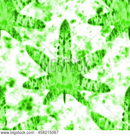 Tie Dye Marijuana Leaves Seamless Pattern. Hand Painted Elements On Green And White Tie-dye Backgrou