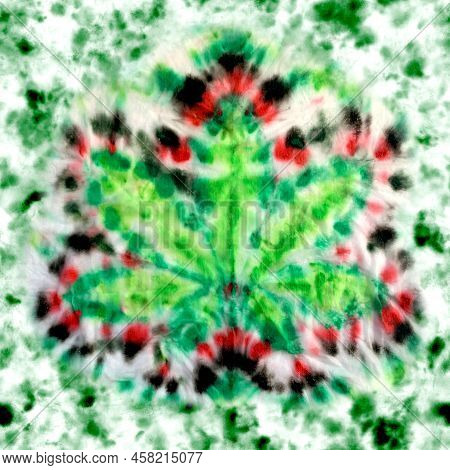 Tie Dye Marijuana Leaves Seamless Pattern. Hand Painted Colorful Elements On Green And White Tie-dye