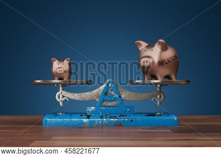 Inflation Destroys Value Of Savings Concept. Small And Big Piggy Bank Representing Savings On Scales