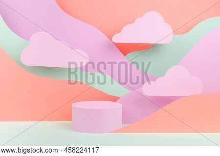 Trendy Hipster Scene With Pink Circle Podium Mockup, Abstract Mountain Landscape With Pastel Pink, R