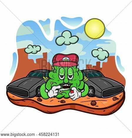 Cartoon Mascot Of Weed Bud With Weed Cigarette In Wild West.  Vector And Illustration