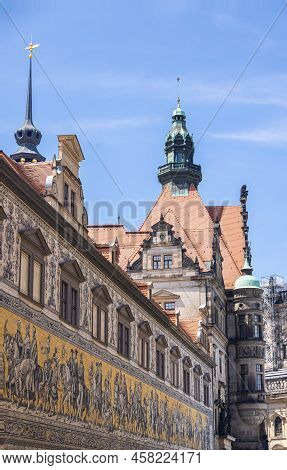 Dresden, Germany - June 28, 2022: View Over The Roofs Of Dresden's Old Town To The Tower Of The Hofl