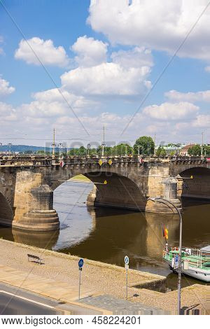 Dresden, Germany - June 28, 2022: Augustus Bridge Or Augustusbruecke On A Sunny Summer Day. View Fro