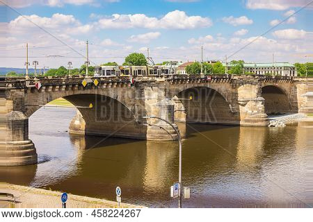 Dresden, Germany - June 28, 2022: Augustus Bridge Or Augustusbruecke On A Sunny Summer Day. View Fro
