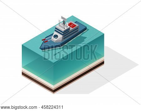 Isometric War Ship. Tactical Ship With Weapons And A Place To Land A Helicopter. Vector Isometric Ic