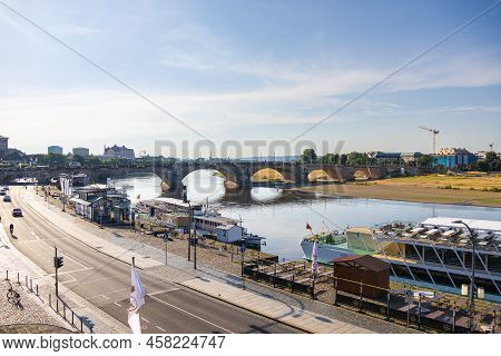 Dresden, Germany - June 28, 2022: Augustus Bridge Or Augustusbruecke On A Sunny Summer Day. View Fro