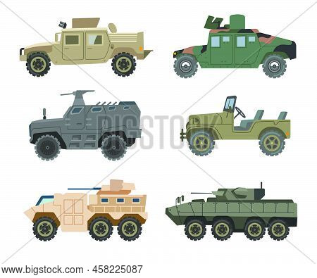 Different Military Vehicles Vector Illustrations Set. Collection Of Drawings Of Armored Cars, Trucks