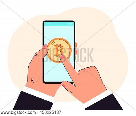 Finger Of Businessman Touching Bitcoin On Mobile Phone Screen. Online Cryptocurrency Trading By Man 