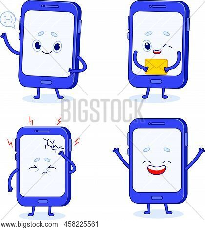 Set Of Cute Hand-drawn Mobile Phones Sending Emodji, Holding Letter, Breaking Screen, Laughing
