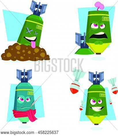 Set Of Hand-drawn Aggressive Missiles Lying Dead, Showing Brain, Measuring Temperature, Flying Among