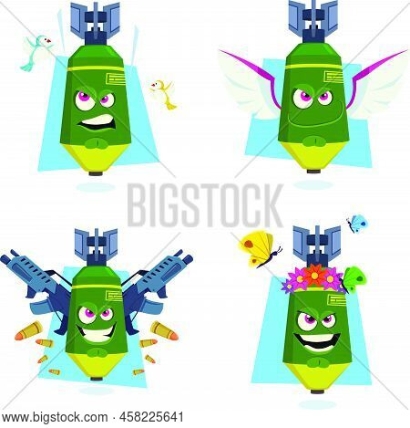 Set Of Hand-drawn Aggressive Missiles With Birds, Wings, Firearms, Flowers And Butterflies