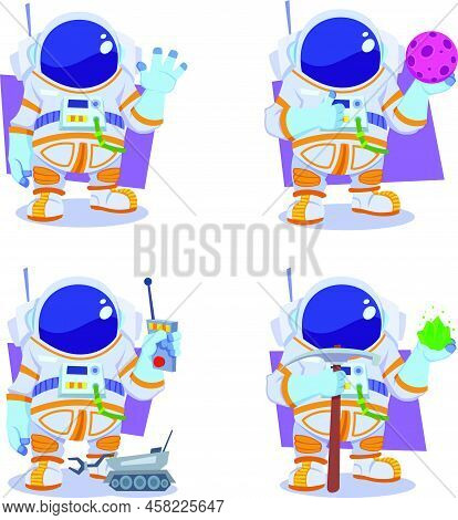 Set Of Hand-drawn Astronauts Waving Hand, Holding Planet, Controlling Lunar Rover, Showing Crystals