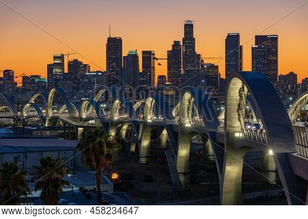 Los Angeles, Ca - July 14 2022:  The New 6th Street Bridge In Los Angeles At Sunset