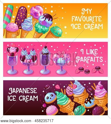 Japanese Ice Cream Parfait Frozen Dessert Waffle Cones With Pistache Balls 3 Horizontal Banners Isol
