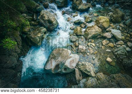 Bealey Small Waterfall Tumbling And Splashing Down In Bealey River In Southern Alps