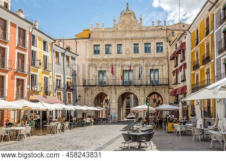 Cuenca,spain - May 29,2022 - View At The Place With Building Of City Hall Of Cuenca. Cuenca Is A Cit