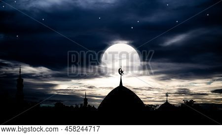 Ramadan, Eid Ai-fitr,new Year Muharram Islamic Religion Symbols With Mosques Dome Silhouette On Dark