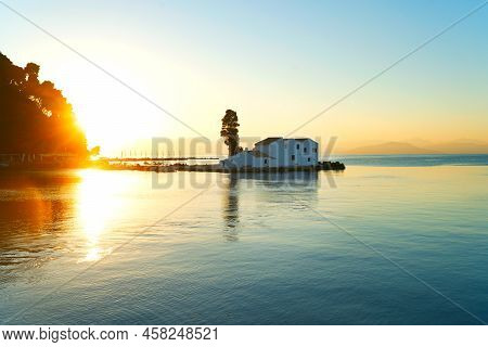 View Of Vlacherna Monastery Island At Sunrise, Kanoni, Summer At Corfu Island Greece