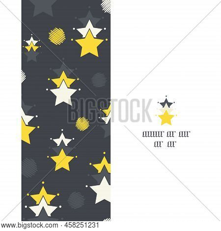 Vector Grey Yellow Abstract Stars With Balls Vertical Stripe Seamless Border Pattern Background With