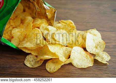 Potato Chips In Open Bag, Delicious Bbq Seasoning Spicy For Crips, Thin Slice Deep Fried Snack Fast 