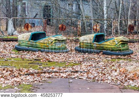 Abandoned Bumper Cars In The Amusement Park Of Pripyat City In Chernobyl Exclusion Zone, Ukraine