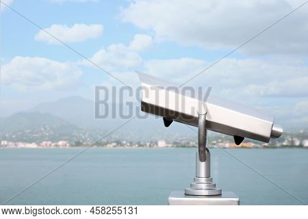 Metal Tower Viewer Installed Near Sea, Space For Text. Mounted Binoculars