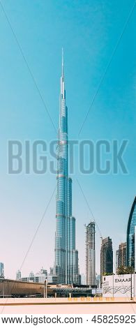 Dubai, Uae, United Arab Emirates - May 28, 2021: View Of Burj Khalifa Against Clear Sky. View Of Lan