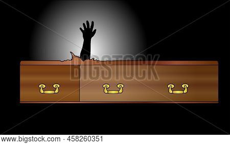 A Wooden Coffin And Brass Handles With An Escaping Hand Over A Dark Background