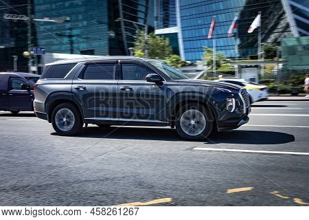 Moscow, Russia - June 2022: Hyundai Palisade Suv Vehicle On City Road. Fast Moving Gray Car On Mosco