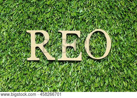 Wood Alphabet Letter In Word Reo (abbreviation Of Real Estate Owned) On Green Grass Background