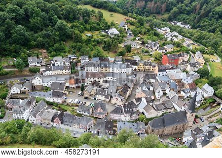 Panorama View On Eifel Village Monreal With Half-timber Houses And River Elsbach, Germany