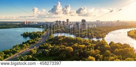 Panorama Of Moscow At Sunset, Russia. Nice Landscape, Scenery Of City Park And Strogino District In 