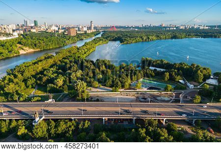 Moscow View, Russia. Aerial Scenic View Of Moskva River, Bay And Park In Schukino District. Scenery 