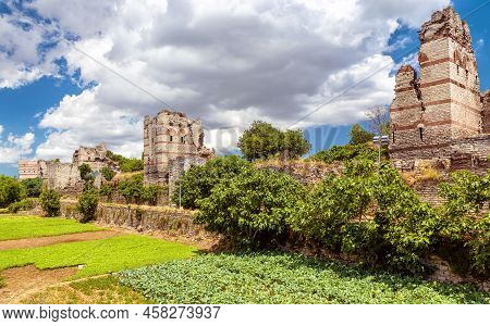 Walls Of Constantinople View, Istanbul, Turkey. Old Stone Walls Are Landmark Of Istanbul. Constantin