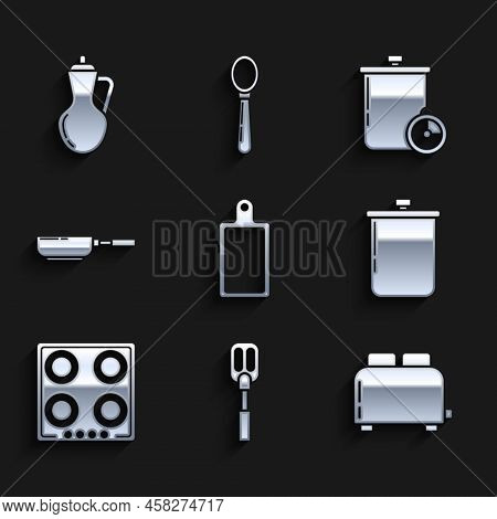 Set Cutting Board, Spatula, Toaster With Toasts, Cooking Pot, Gas Stove, Frying Pan, And Kitchen Tim