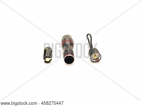 Breakout View Of Aluminum Alloy Flashlight With Light Bulb, Aaa Battery Holders, Lanyards Handle Iso