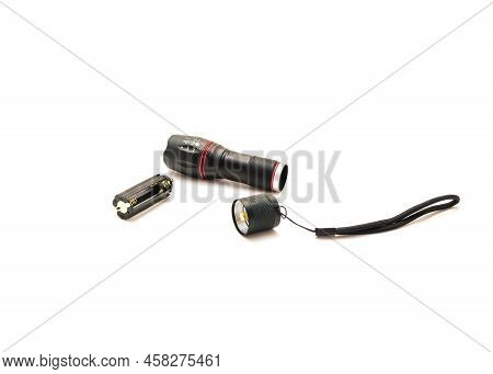 Breakout View Of Aluminum Alloy Flashlight With Light Bulb, Aaa Battery Holders, Lanyards Handle Iso