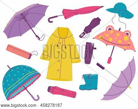 Autumn Accessories, Umbrella And Raincoat, Fall Boots. Minimal Style Parasol, Creative Opened And Cl