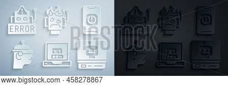 Set Creating Robot, Turn Off From Phone, Smart Glasses, Robot, Burned Out And Error Icon. Vector