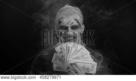 Creepy Man With Bloody Scars Face, Halloween Stylish Zombie Make-up. Scary Wounded Undead Guy With M